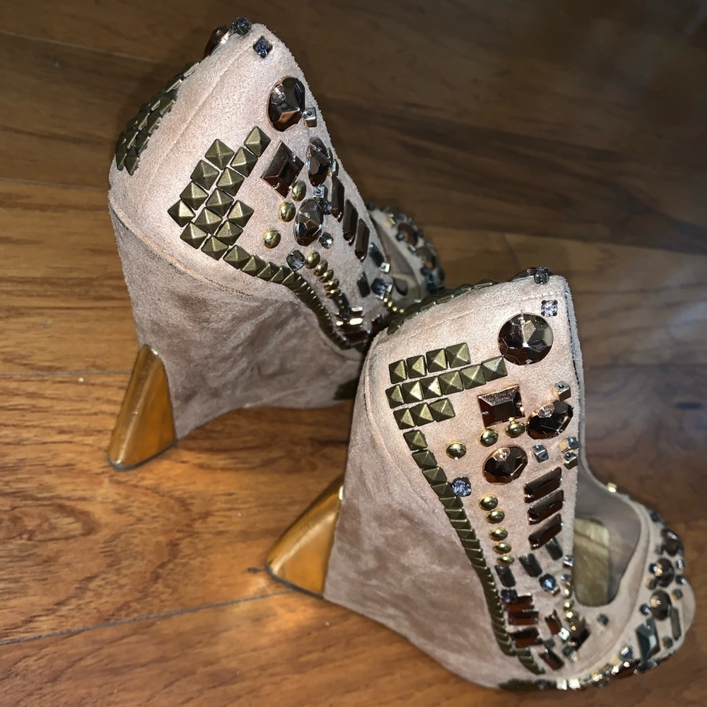 Pink suede and jeweled peep toe wedges